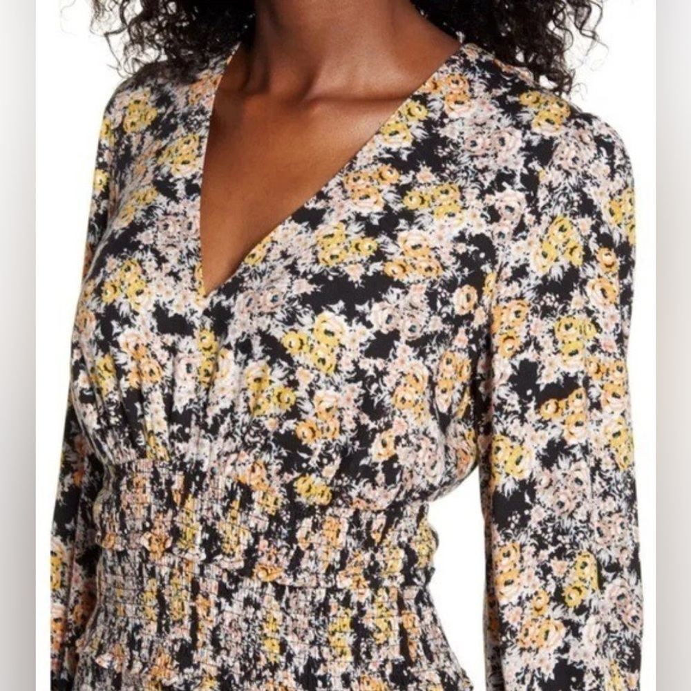 💋Nordstroms AFRM Hazel Smocked Black/Yellow Floral Elegant Midi-Dress Sz. XS💋